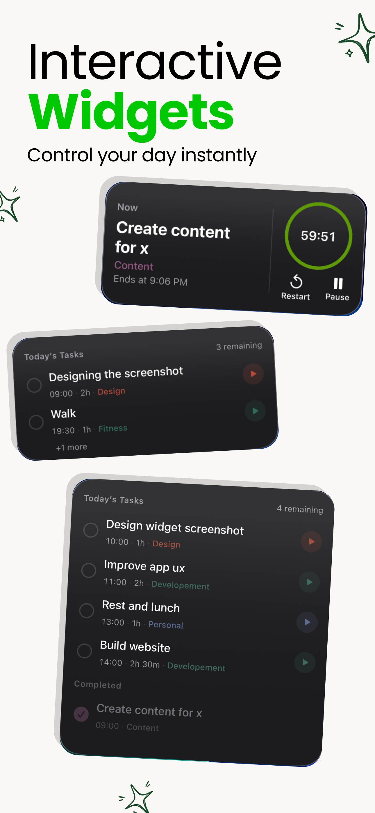 Interactive widgets — control your day instantly from the home screen